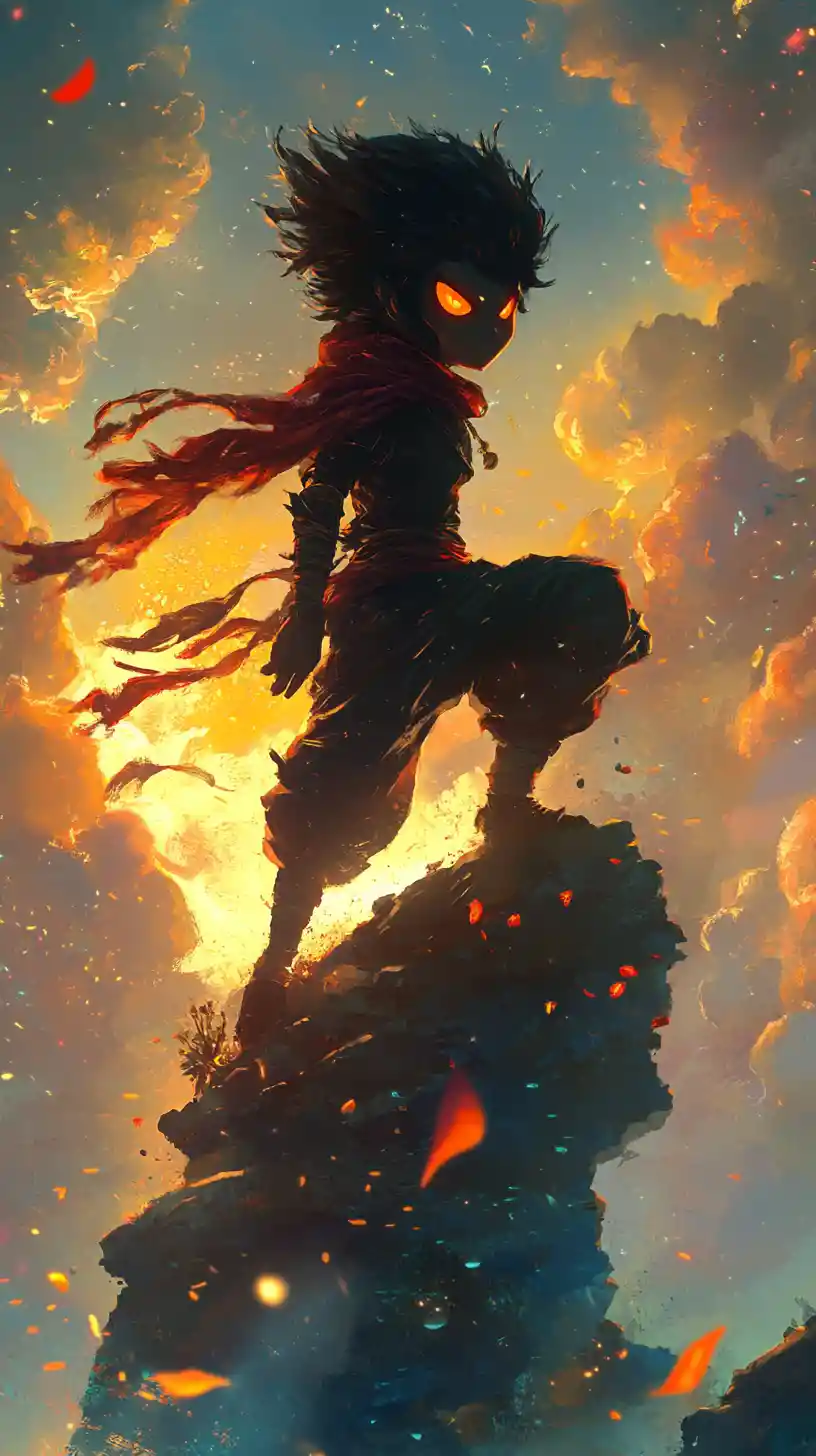 Fantasy hero with oversized expressive eyes in motion
