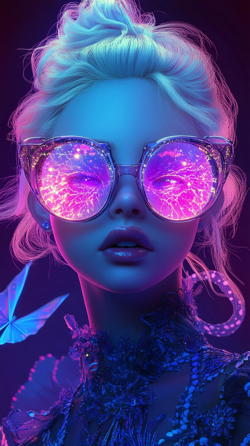 Chica de caricatura con gafas retrofuturistas en retrato neón