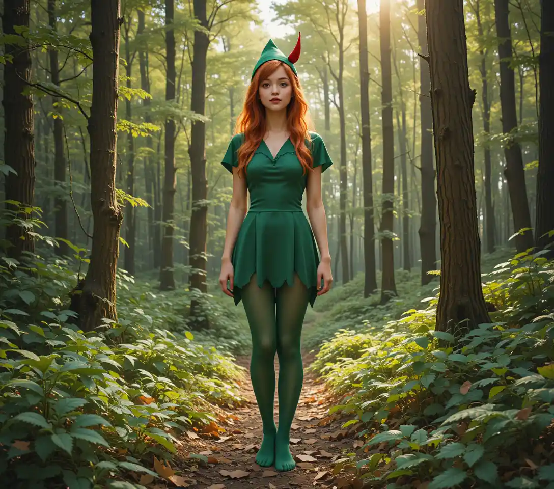 Adolescente pelirroja disfrazada de Peter Pan en el bosque