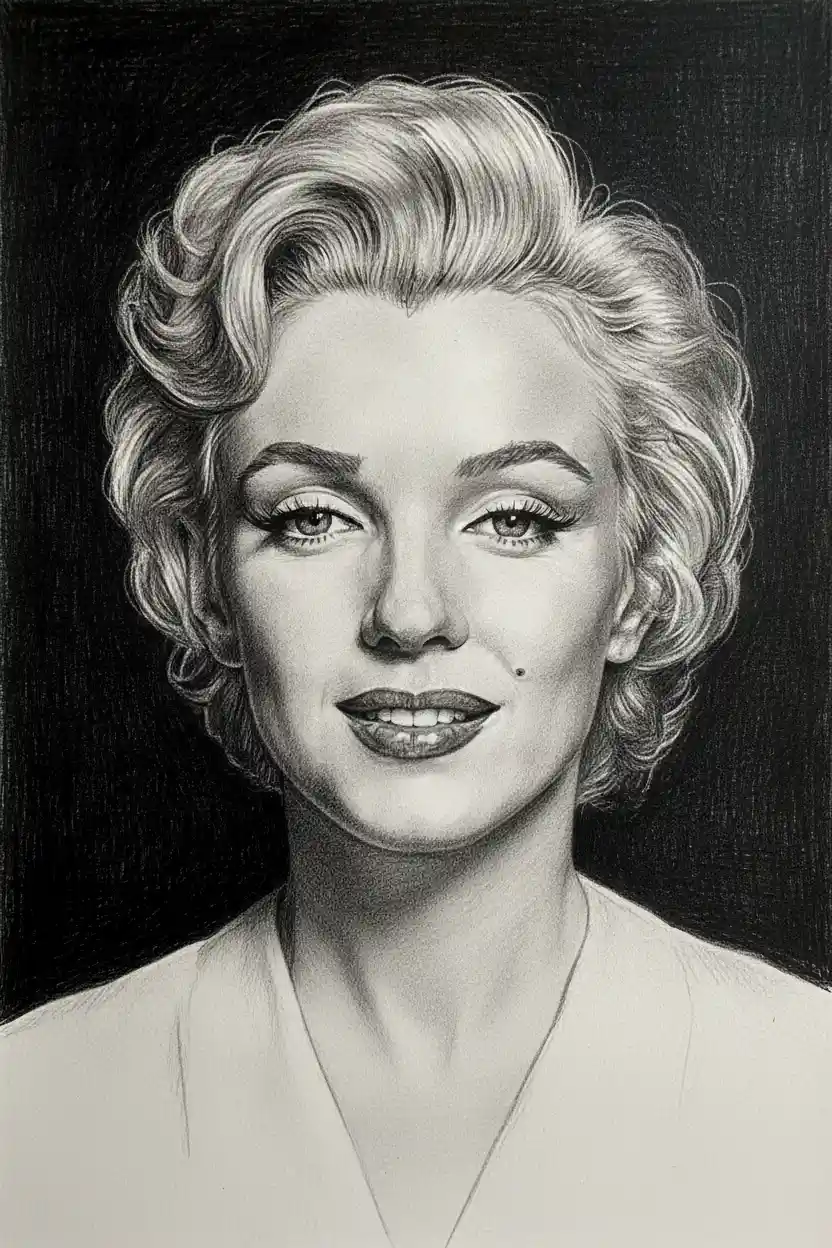 Retrato en grafito de una mujer sonriente con cabello clásico rizado