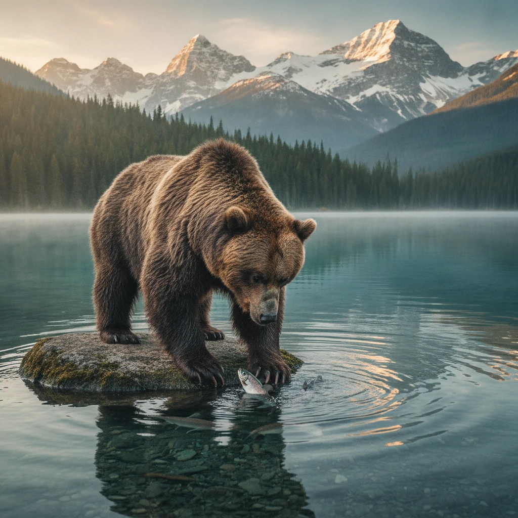 Oso pardo pescando en la orilla de un lago tranquilo y cristalino