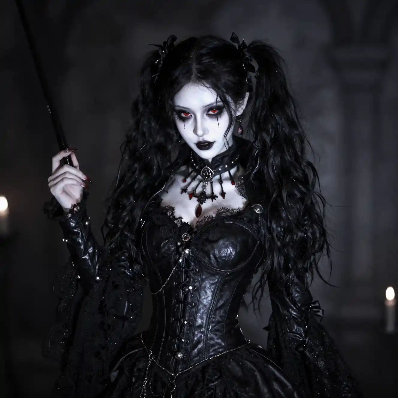 Dark vampire rogue woman with red eyes and shadowy magic