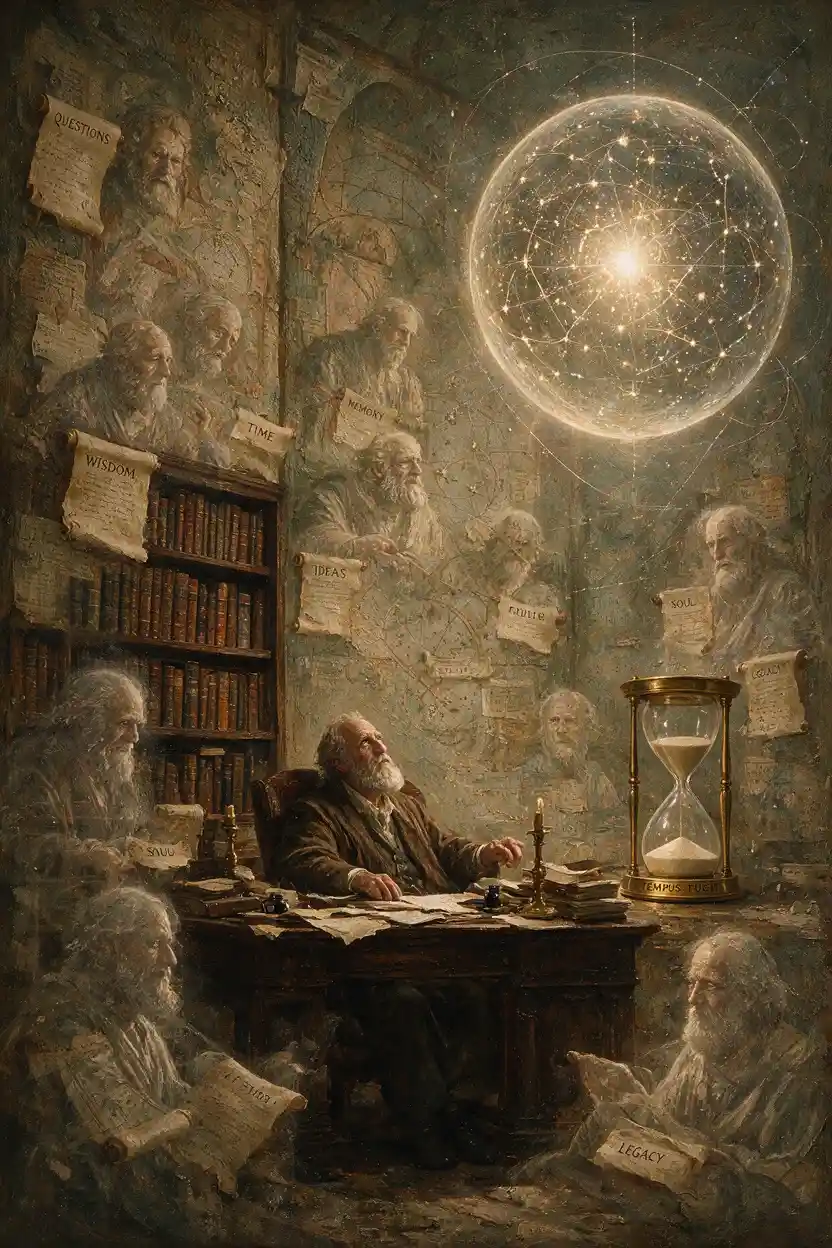 Filósofo en una cámara surreal de recuerdos e ideas