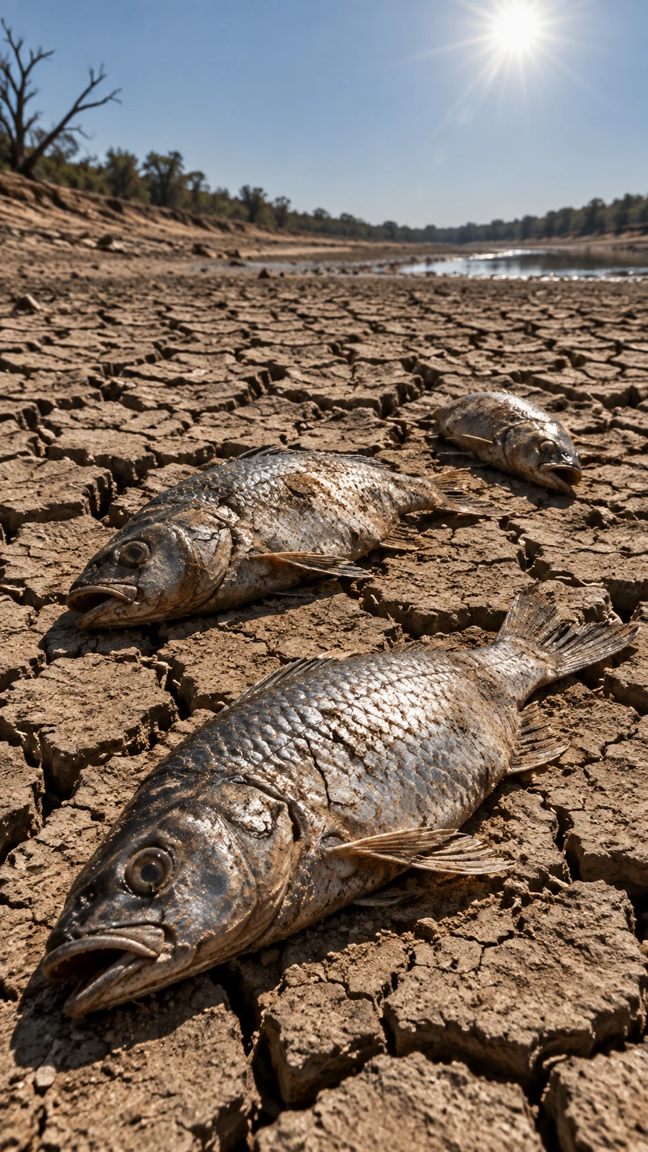 Peces varados en lecho de río agrietado bajo un sol implacable