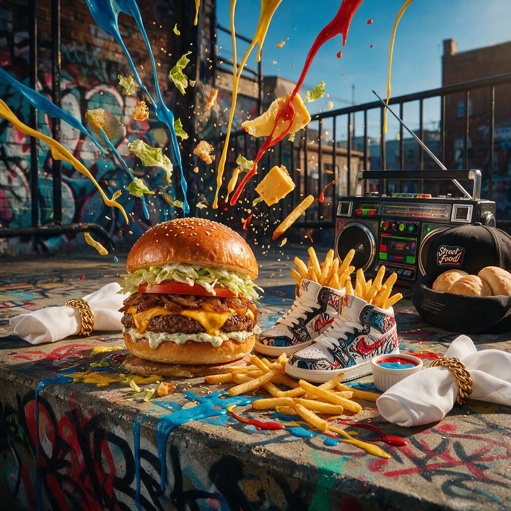 グルメバーガーとフライドポテトのアーバン・グラフィティ風テーブルスタイリング