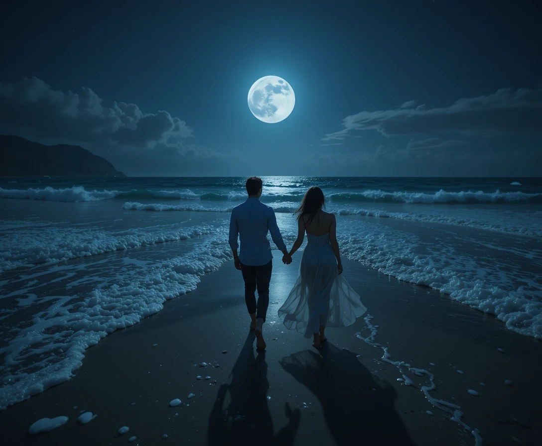 Pareja caminando de la mano por una playa iluminada por la luna