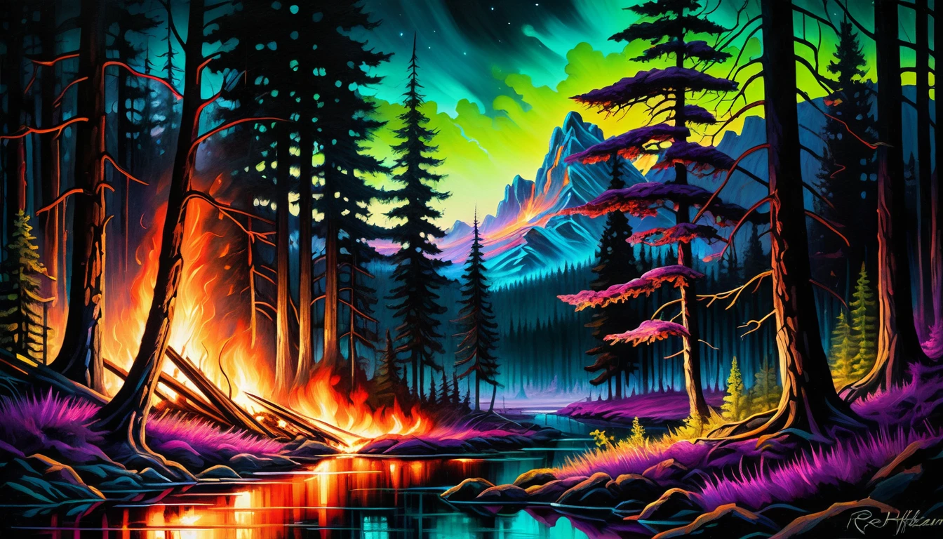 Dark forest wildfire painting with dramatic linear perspective