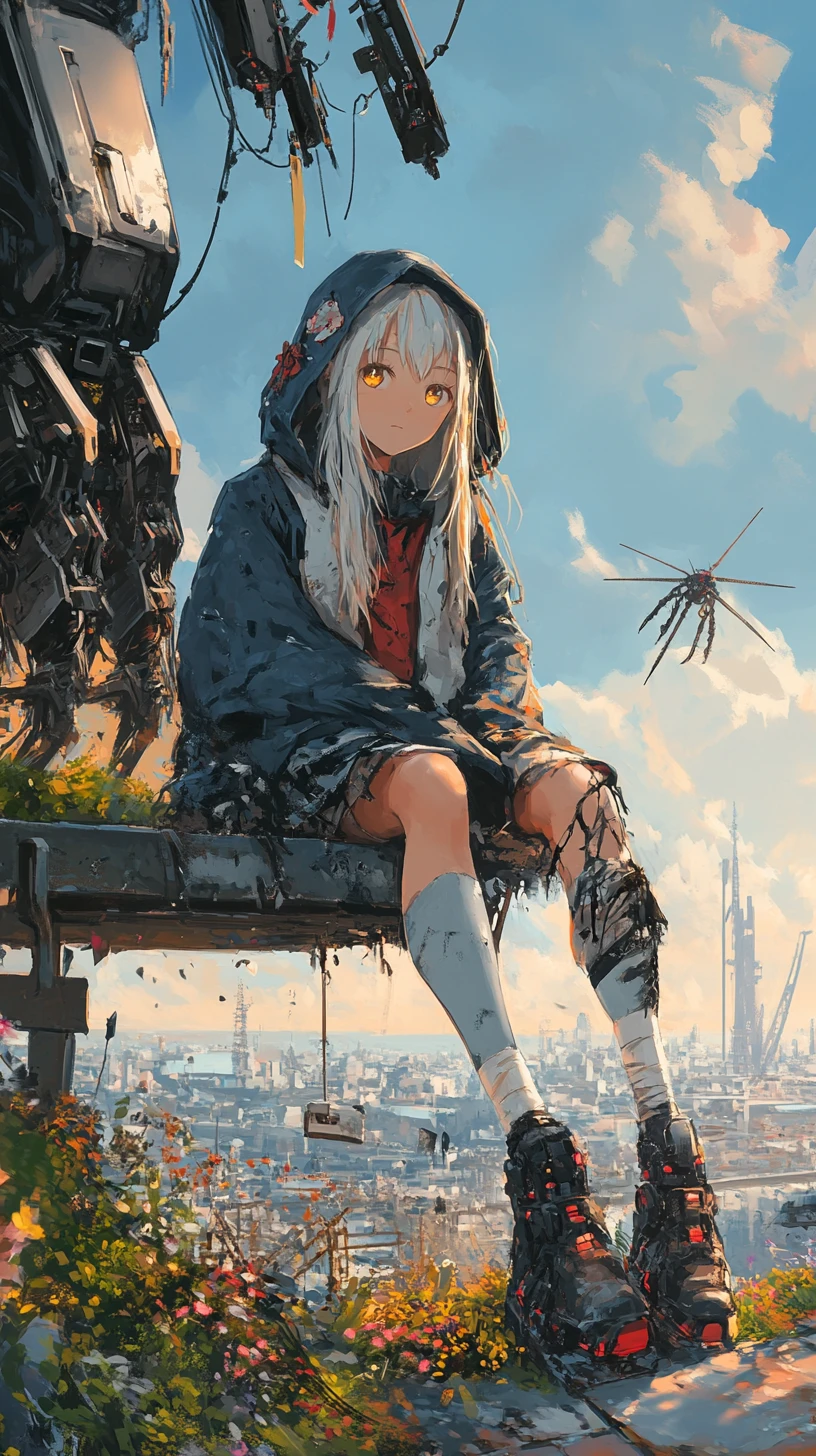 Ragazza anime su una panchina in una città apocalittica in rovina