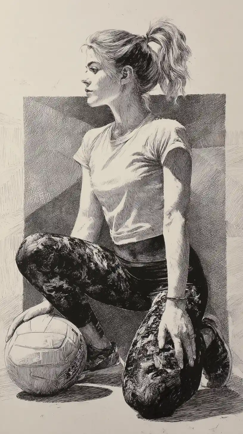 Chica atlética en cuclillas con balón de voleibol en dibujo a tinta