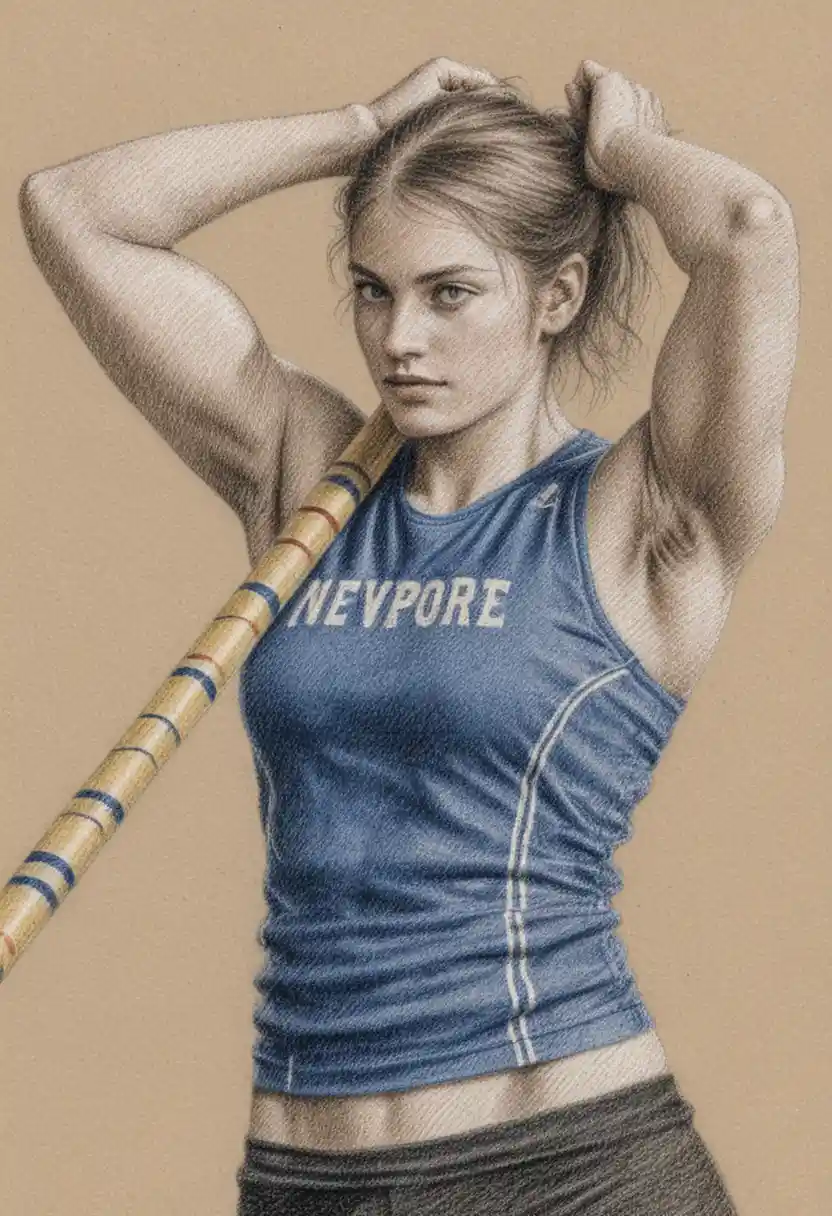 Athletic woman adjusting ponytail with vaulting pole drawing