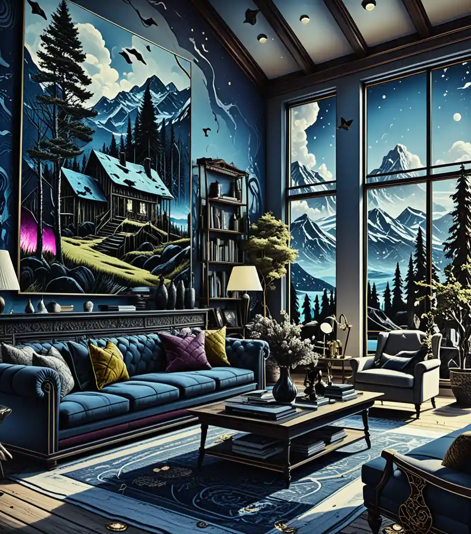 Line art gallery interior with dramatic forest fire painting