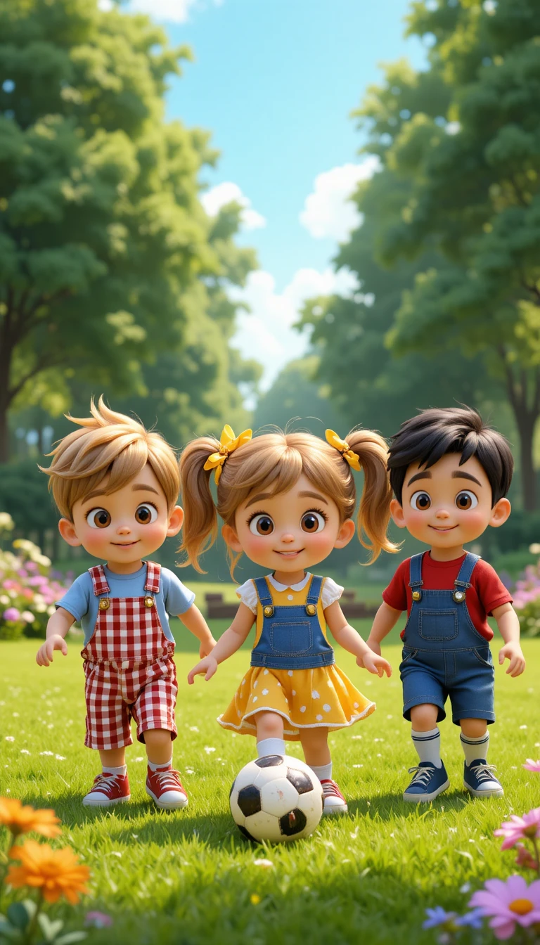 Tiernos niños pequeños jugando juntos en un soleado parque verde