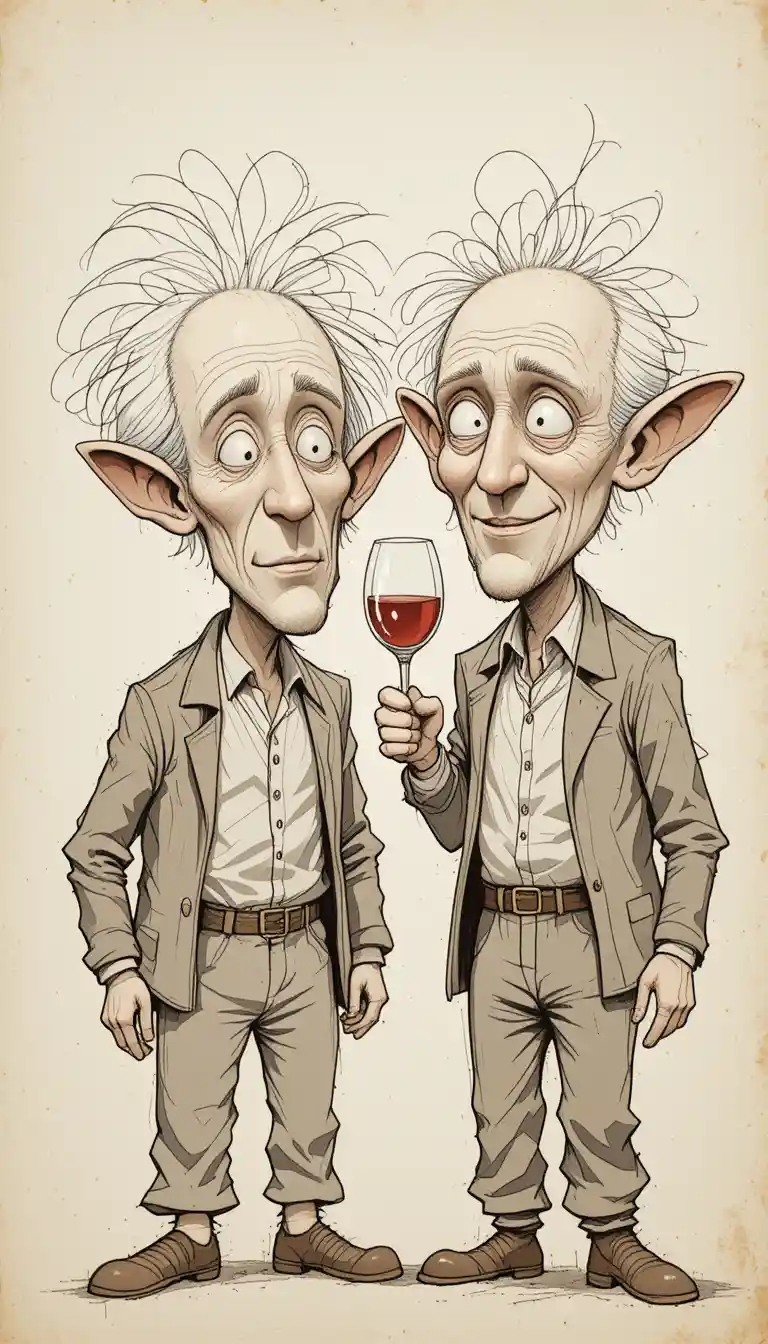 Elderly cartoon men sharing a joyful wine toast