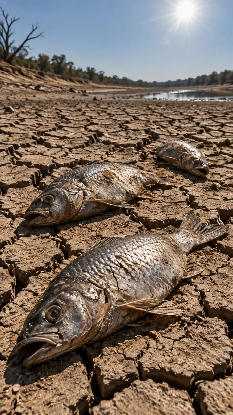 Peces varados en lecho de río agrietado bajo un sol implacable