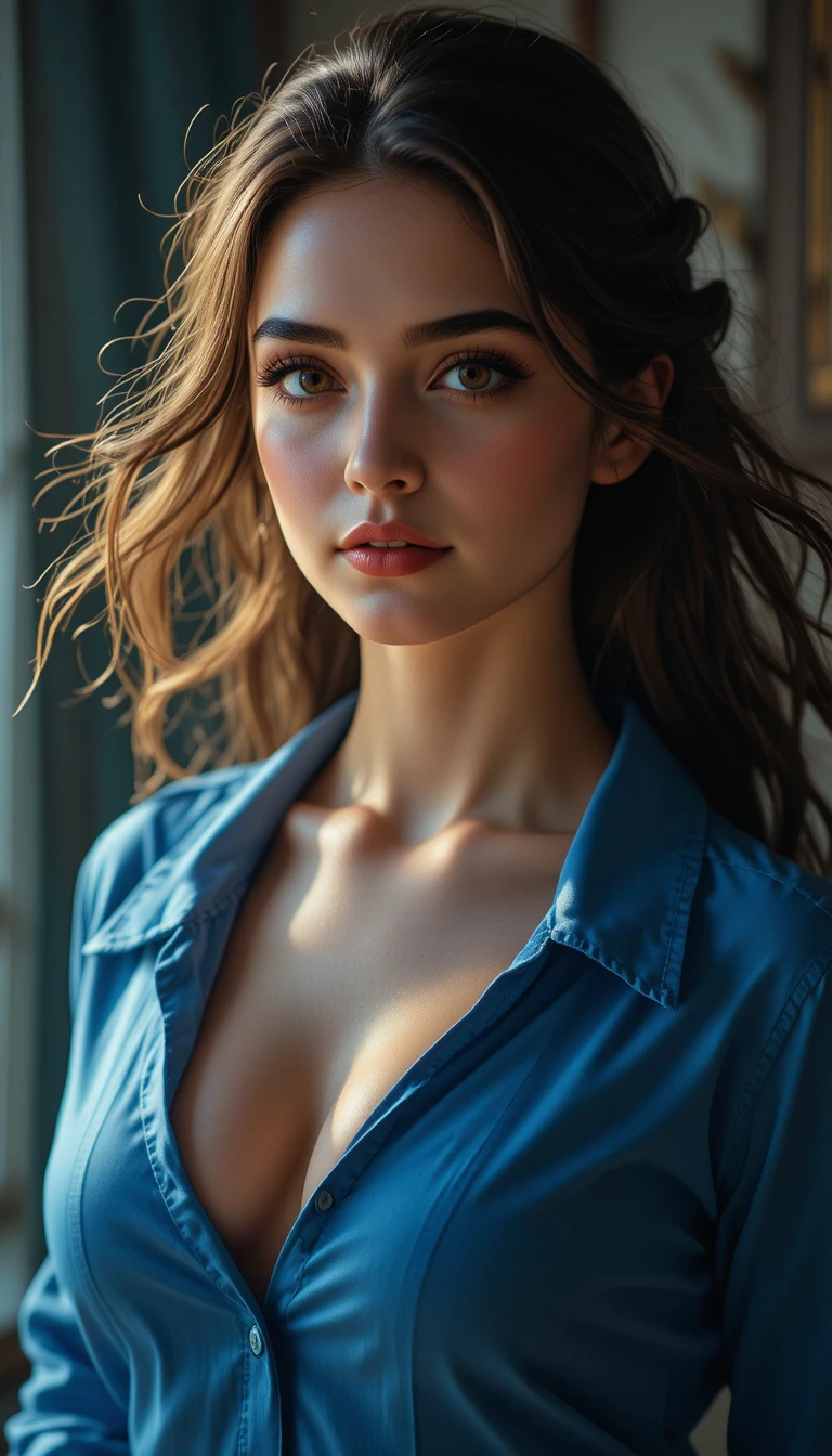 Retrato cinematográfico de una mujer joven con camisa azul abotonada
