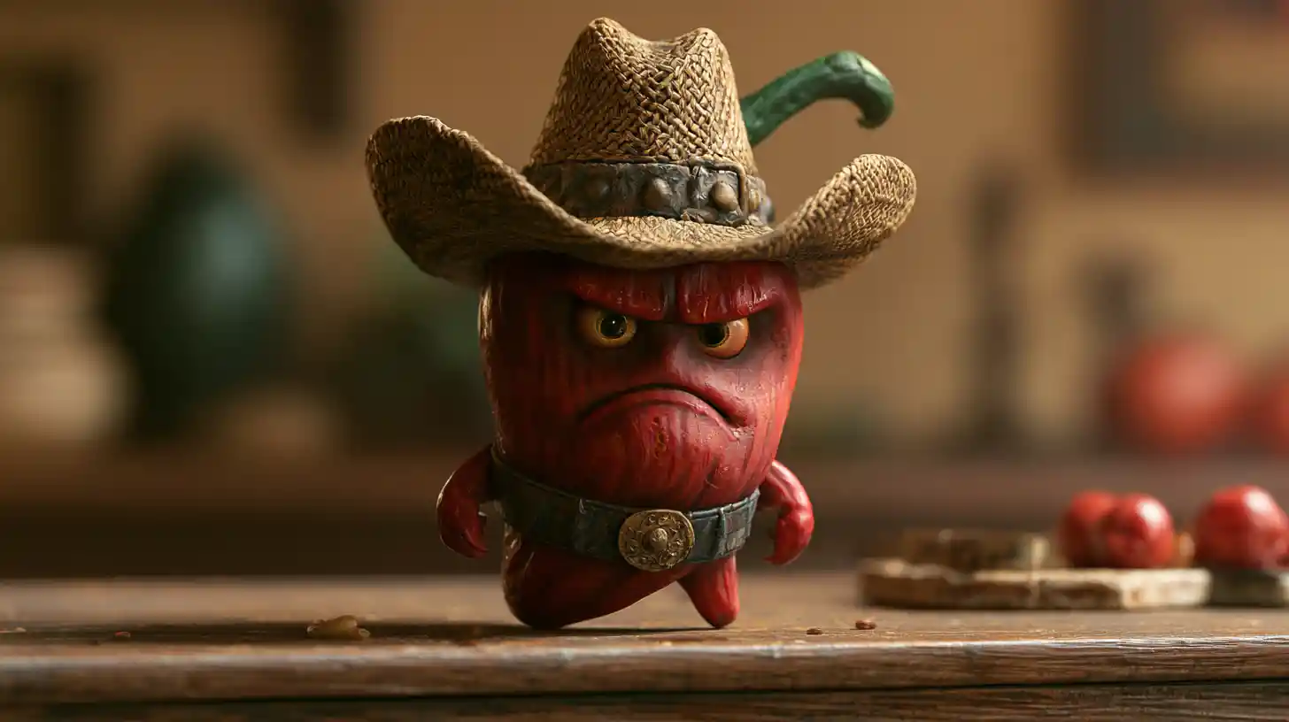 Angry Chili Pepper Cowboy Standing On A Kitchen Table