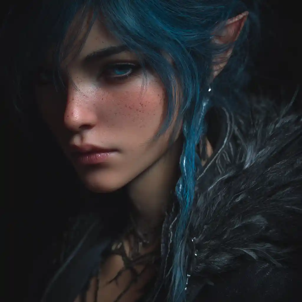 Blue haired elf sorceress wielding storm magic power