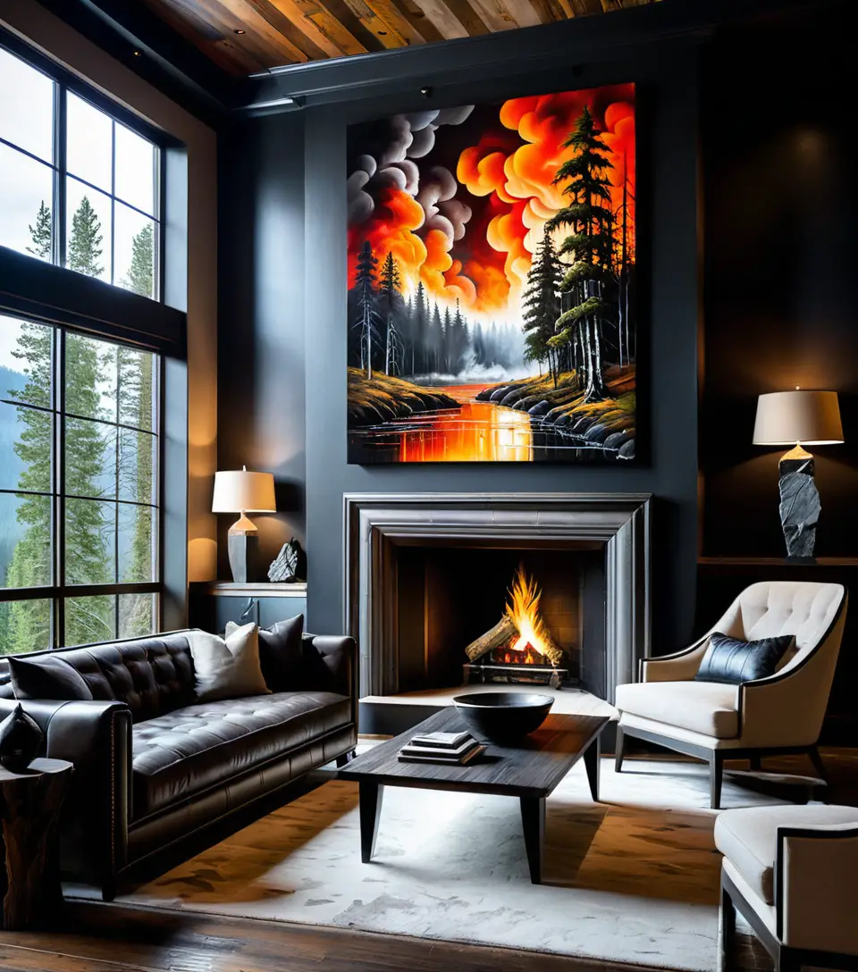 Luxurious study lined with dramatic forest fire paintings