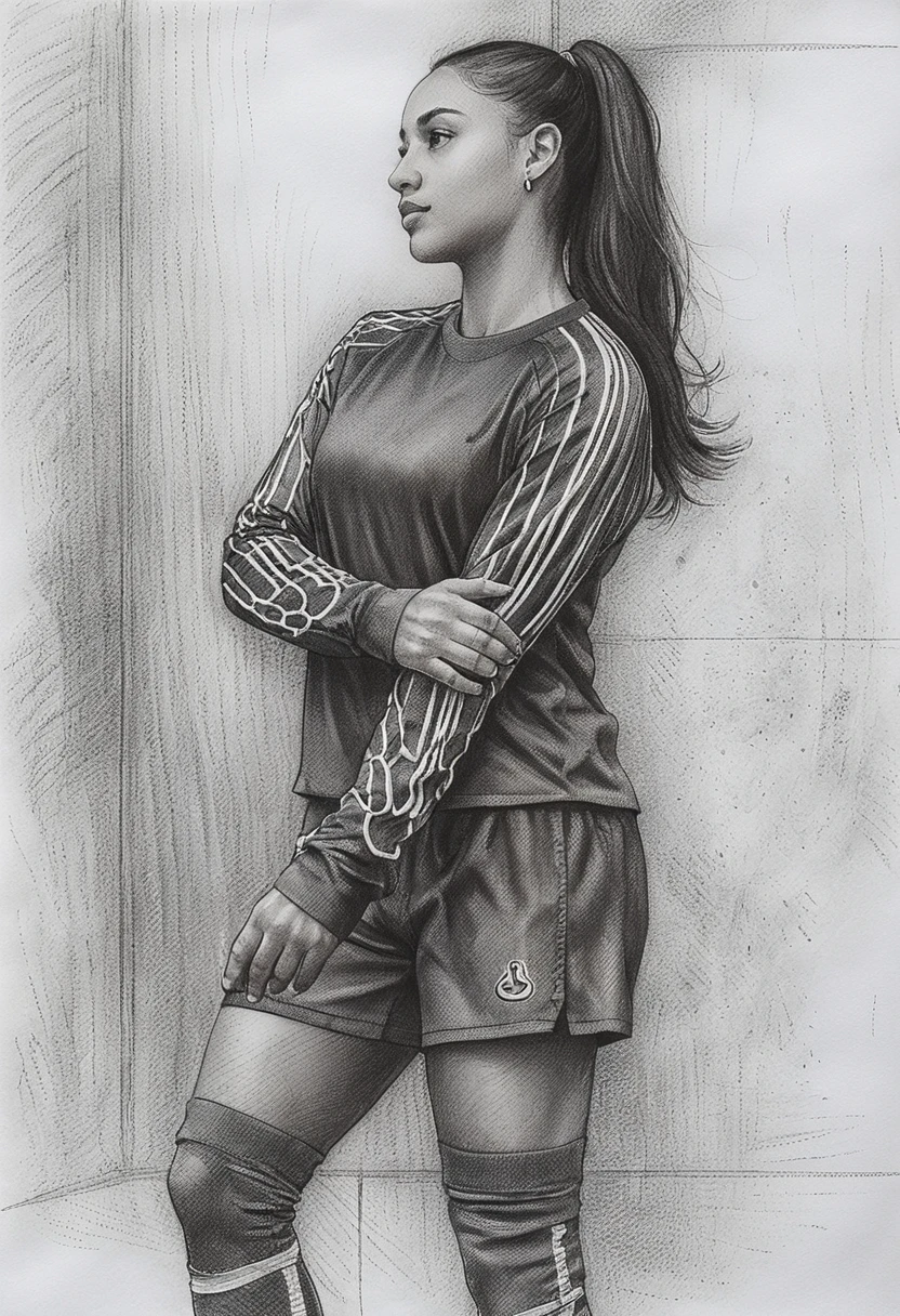 Retrato en grafito de futbolista femenina de perfil con los brazos cruzados
