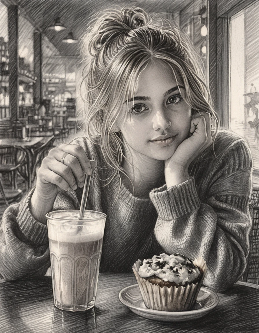 咖啡館桌邊年輕女子與咖啡和瑪芬的素描場景
