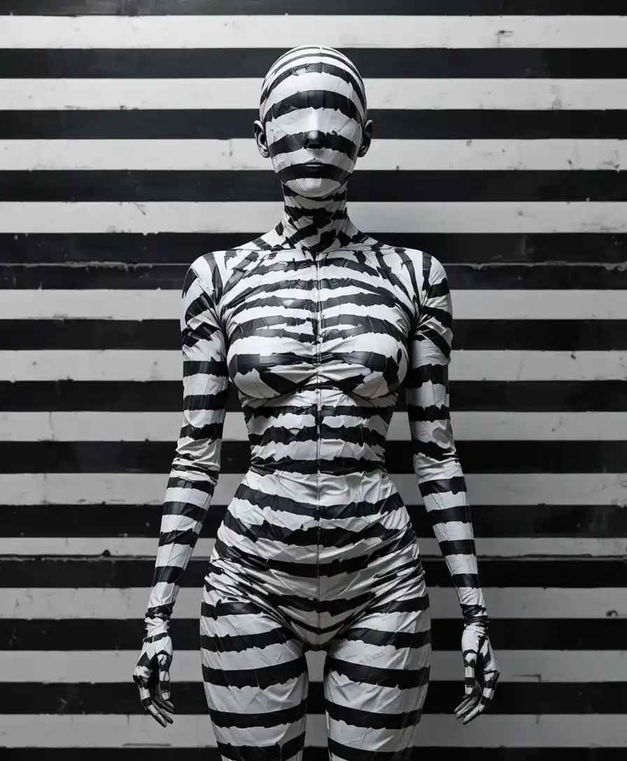 Striped female torso in abstract black and white pattern