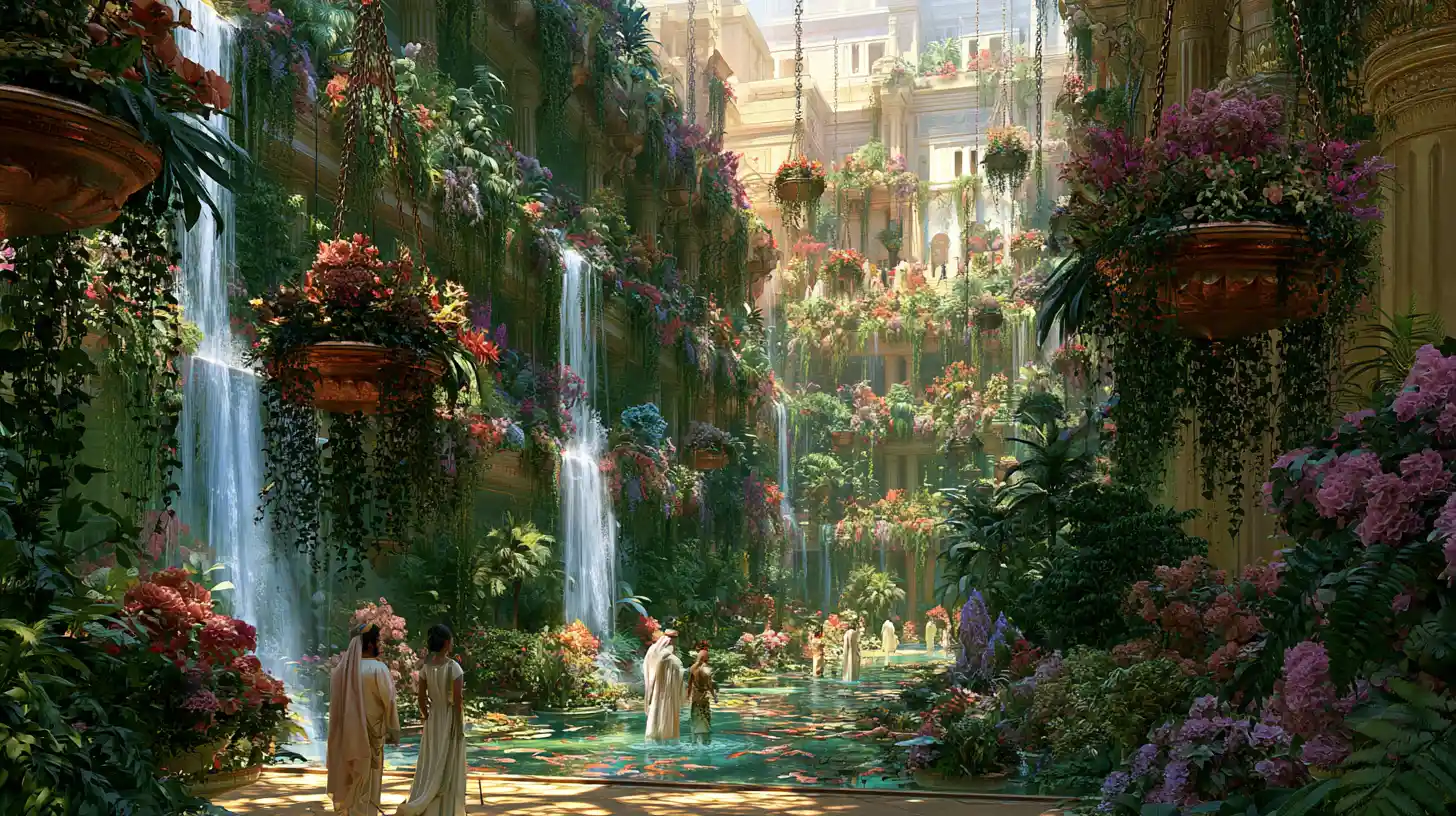 Lush hanging gardens with cascading waterfalls and koi ponds