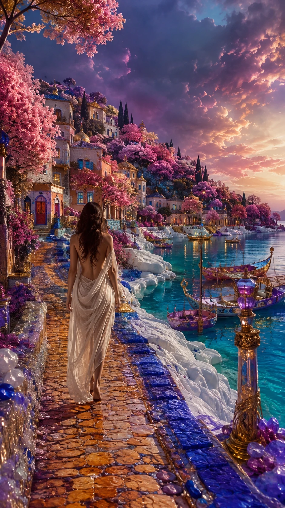 Pueblo mediterráneo surrealista con mujer en bosque rosa de ensueño