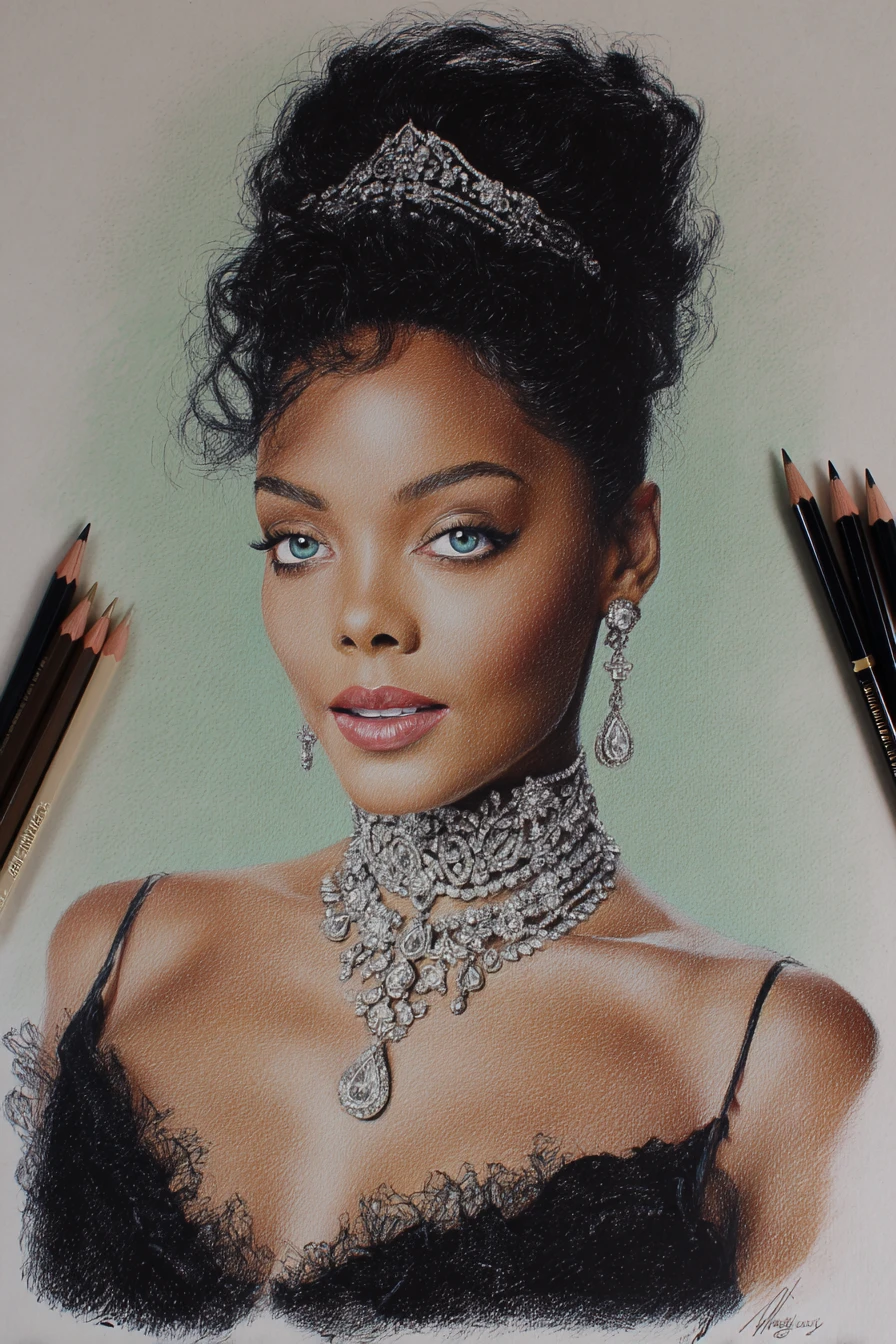 Elegant woman portrait in color pencil with emerald background