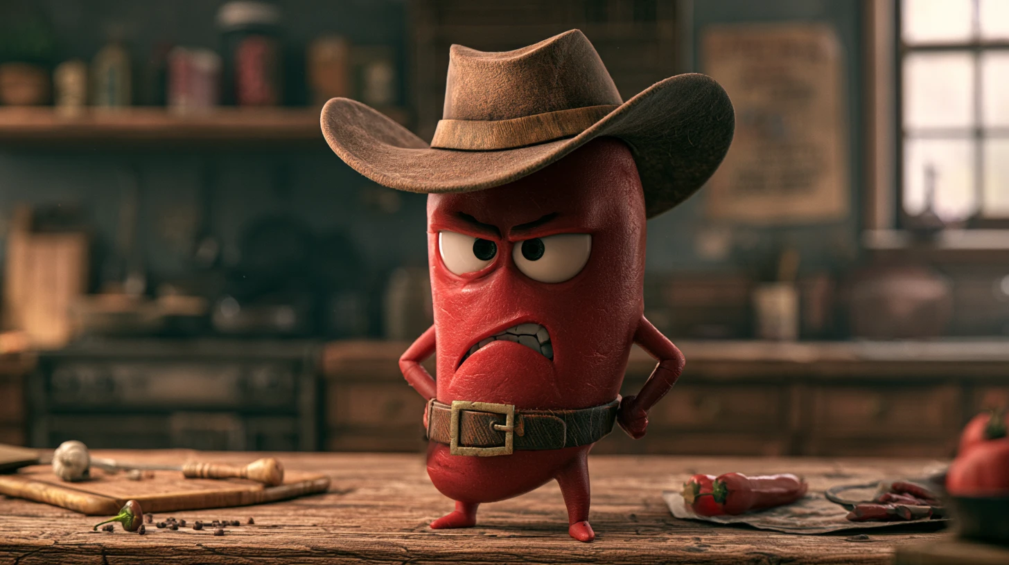 Chile picante vaquero enfadado sobre una mesa de cocina