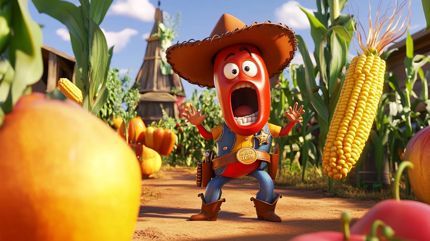 Cowboy chili pepper yelling at angry corn in garden