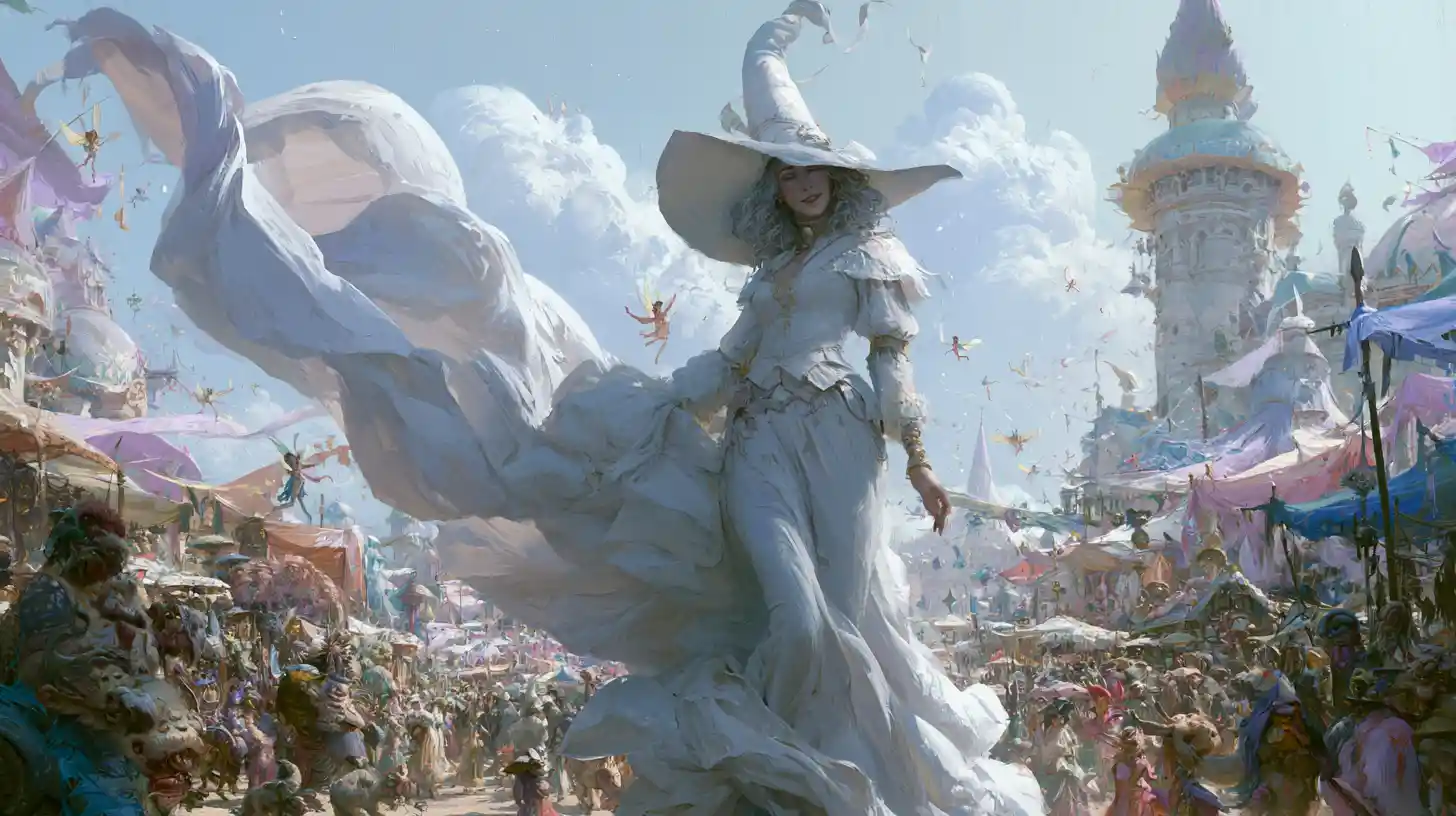White witch walking through a lively fantasy market