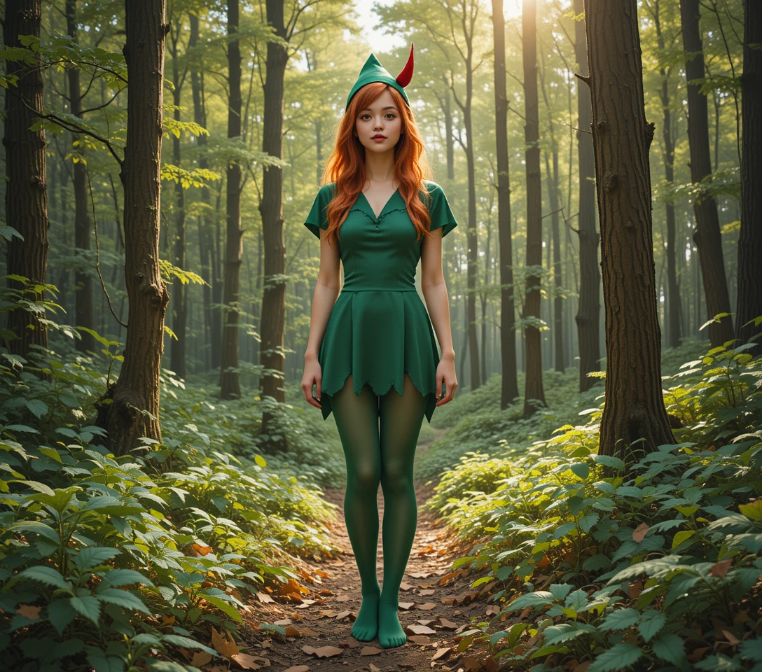 Adolescente pelirroja disfrazada de Peter Pan en el bosque