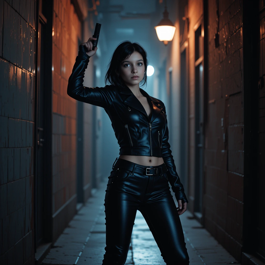 Young female assassin aiming handgun in dark alleyway