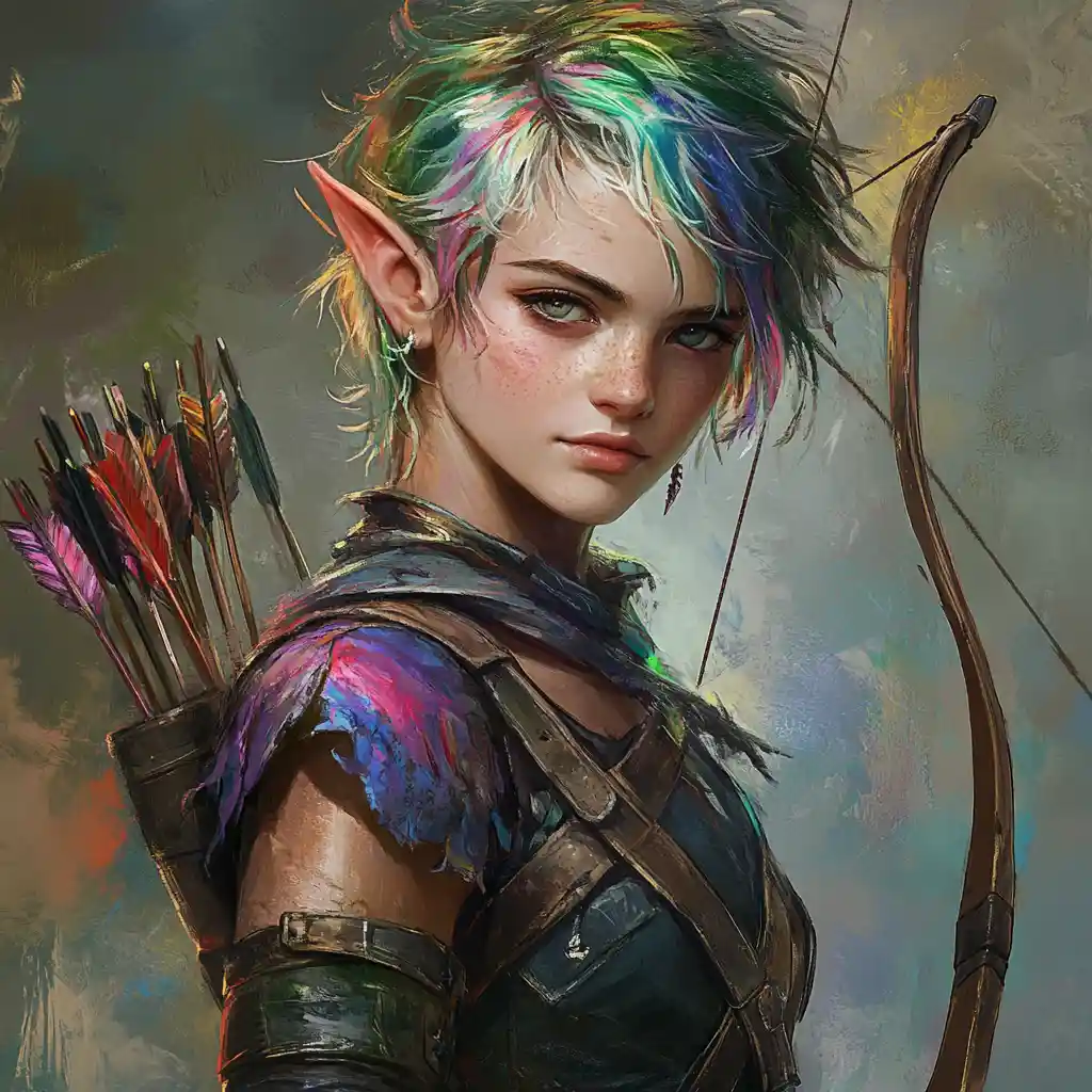 Playful fantasy elf ranger girl with bow and messy hair