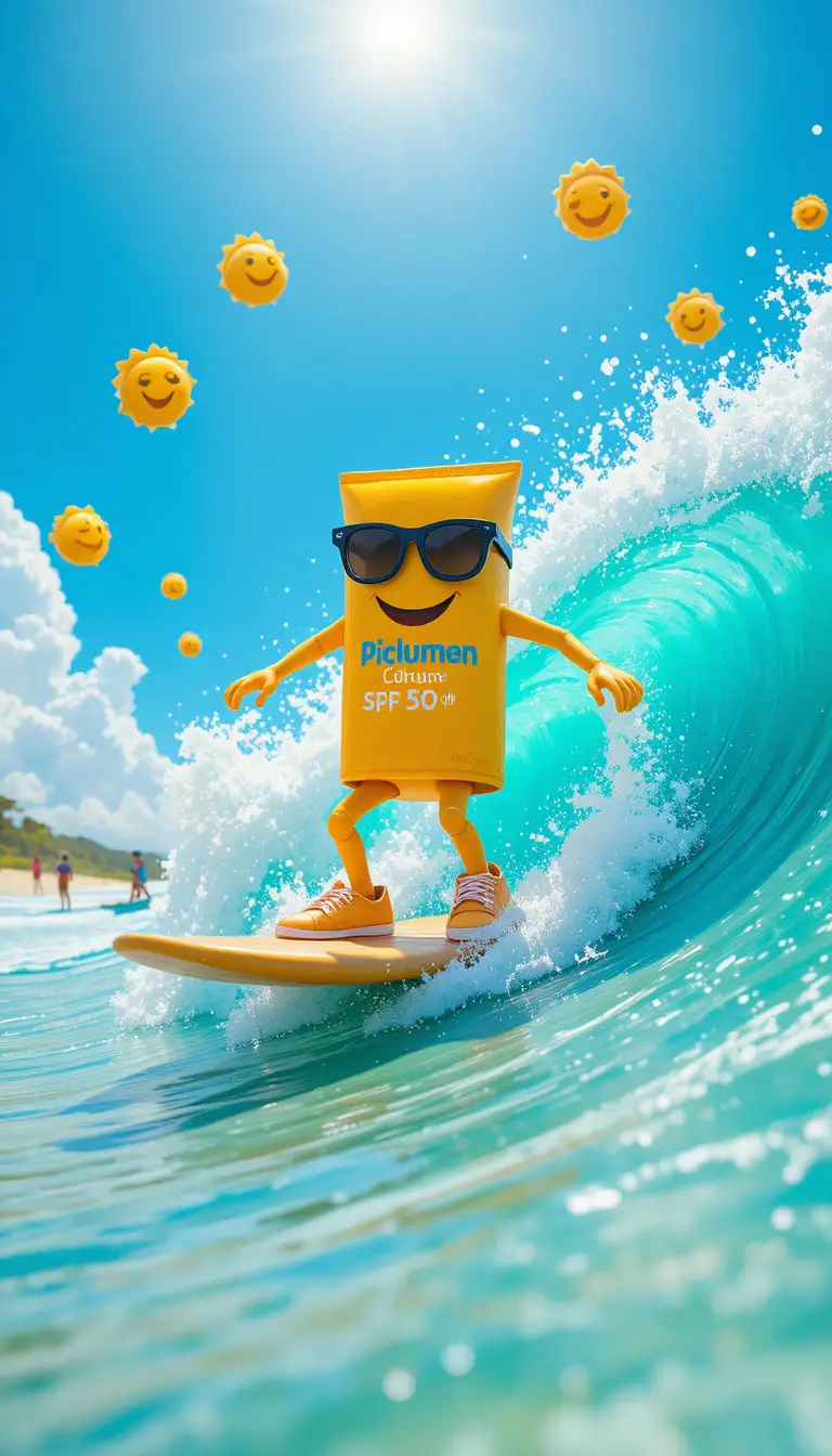 Sunscreen character surfing a bright turquoise summer wave
