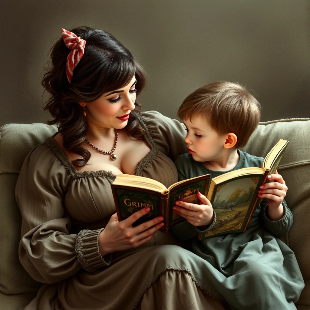 Mujer leyendo un libro de terror frente a un niño
