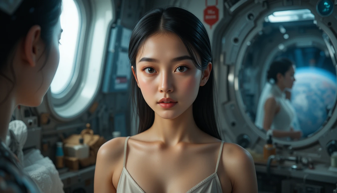 Joven astronauta femenina en el baño de una estación espacial cyberpunk