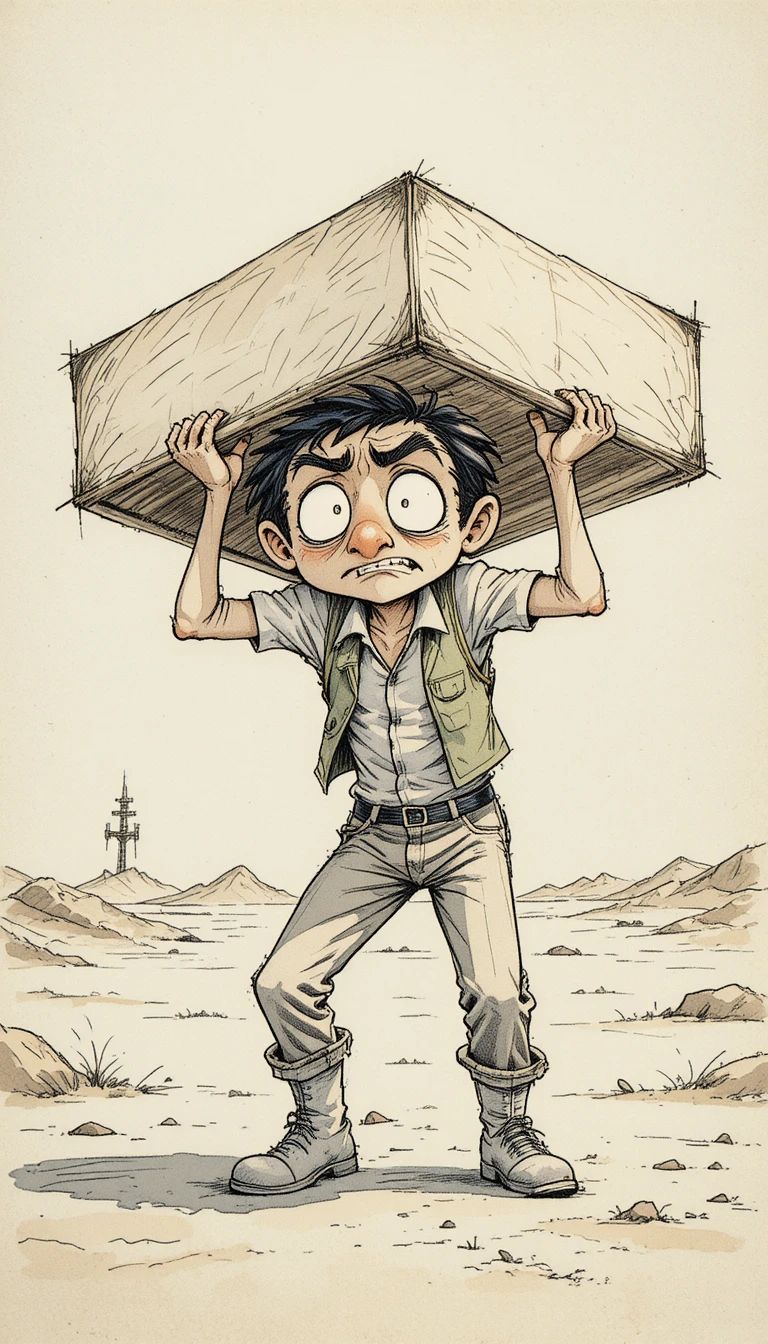 ラフなシーンで重い板を運ぶ漫画風の男性