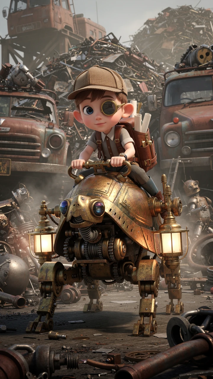 Neugieriger Junge reitet auf Steampunk-Schildkröten-Automaton im Schrottplatz