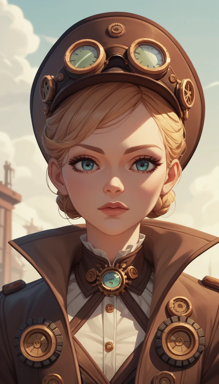 Primer plano de trabajadora steampunk con detalles cibernéticos