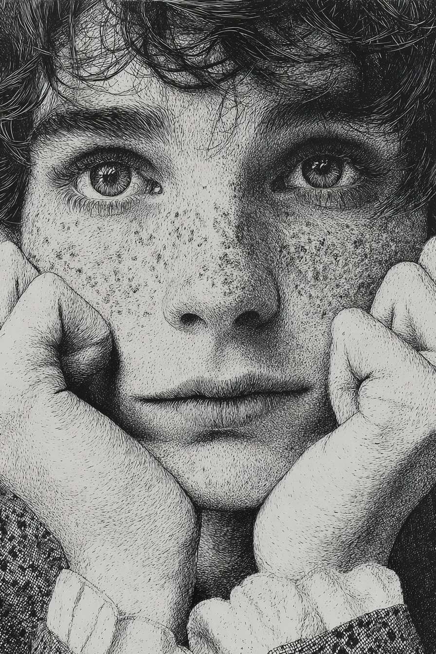 Somber close up ink portrait of a young woman