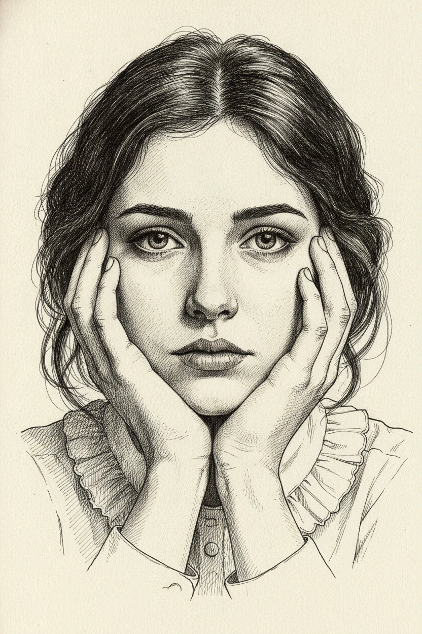 Retrato a tinta en primer plano de una joven pensativa