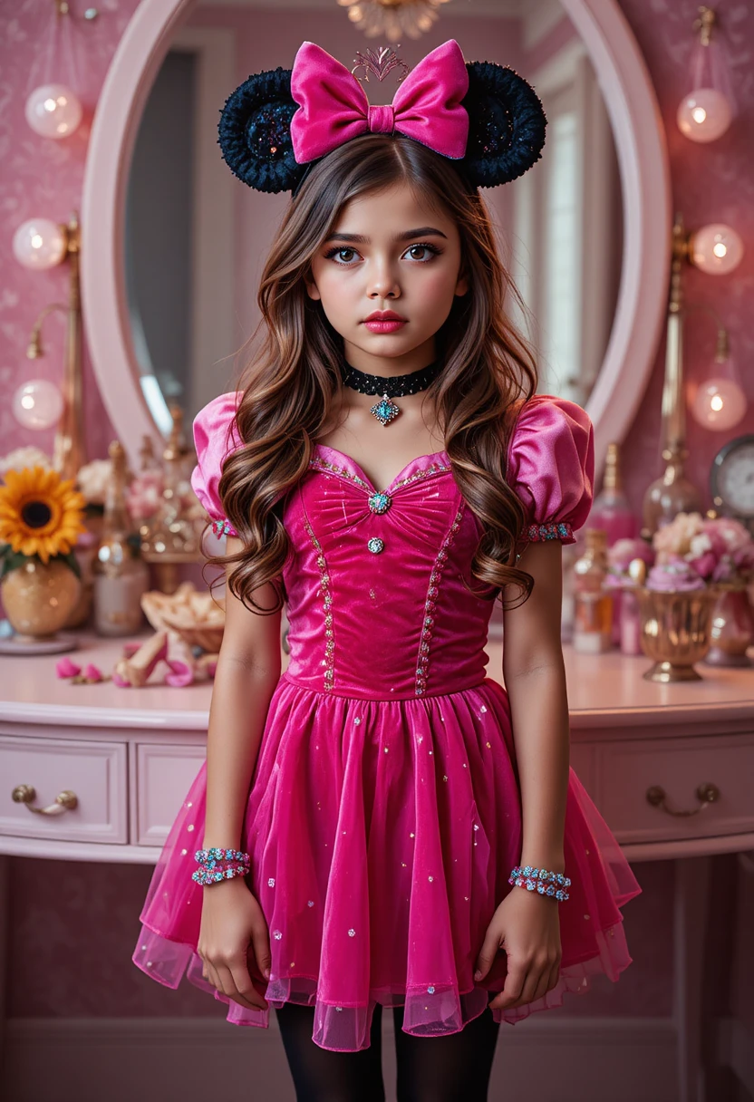 Niño preadolescente con disfraz de princesa frente a tocador rosa