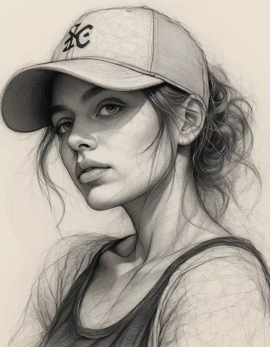 Scribbled ink close up portrait of a young woman