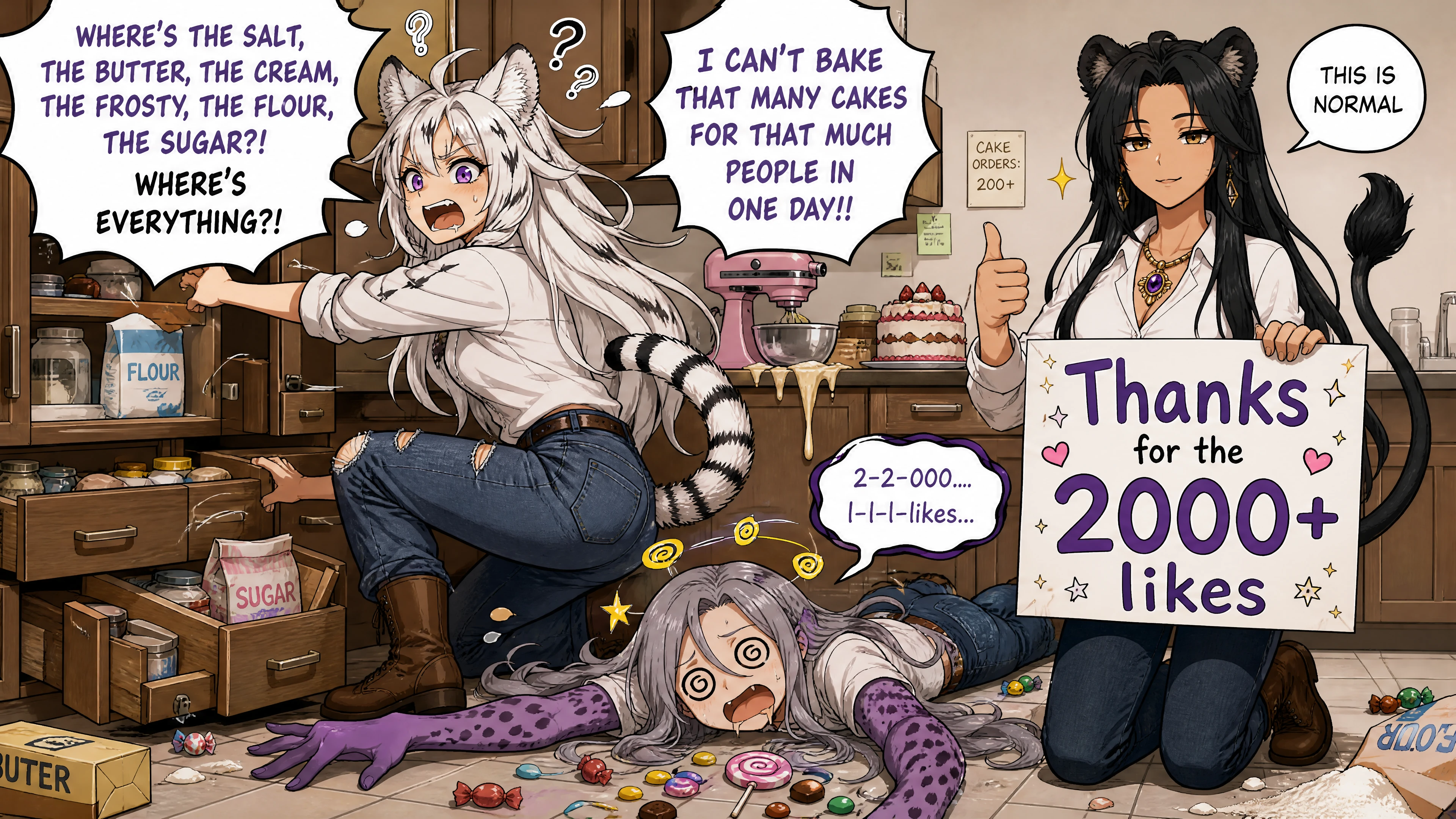 Repostera de anime enérgica buscando frenéticamente por toda la cocina