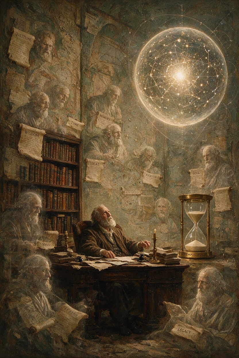 Filósofo en una cámara surreal de recuerdos e ideas
