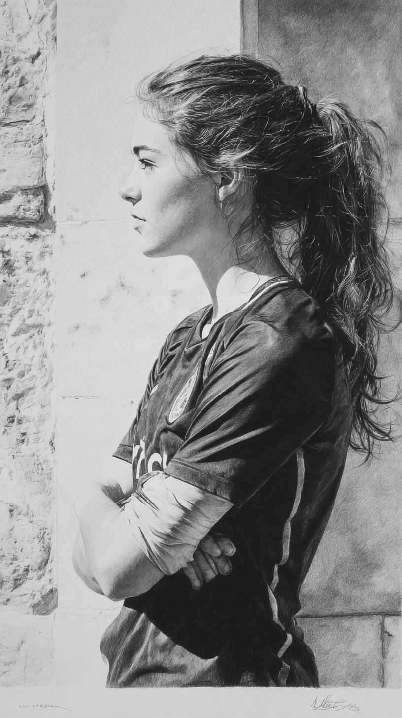 Graphite drawing of a focused female footballer in profile