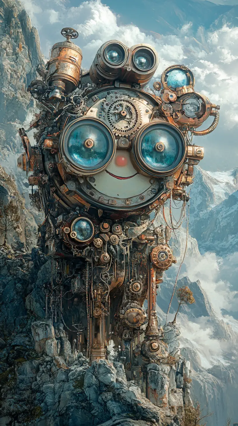 Cute steampunk clock with binoculars in pastel mountain scene