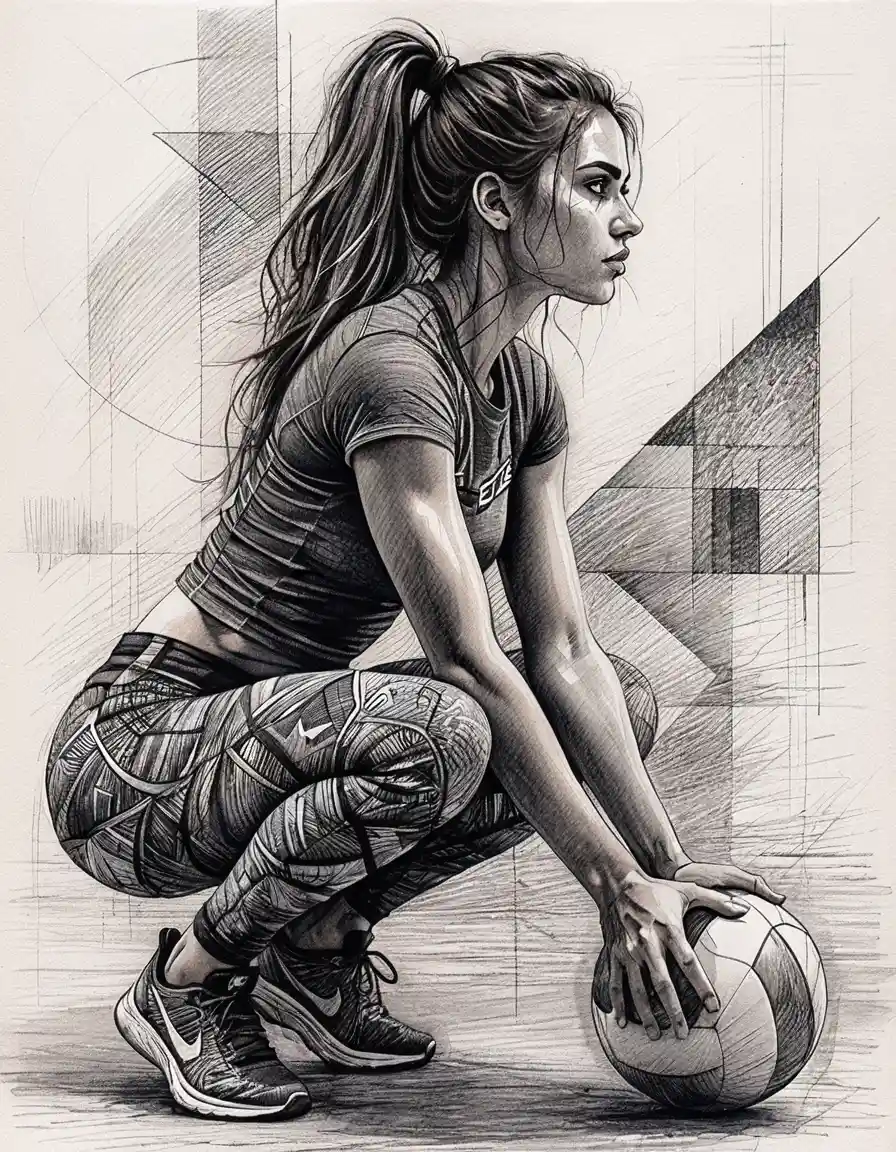 Athletic woman with volleyball in detailed pen drawing
