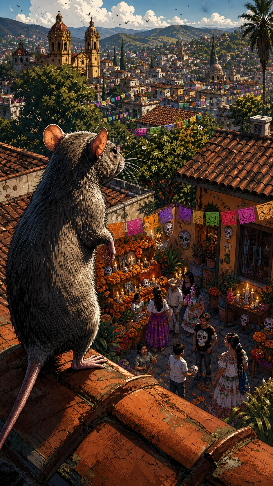 Rata de pie en un tejado con vista a un patio trasero mexicano